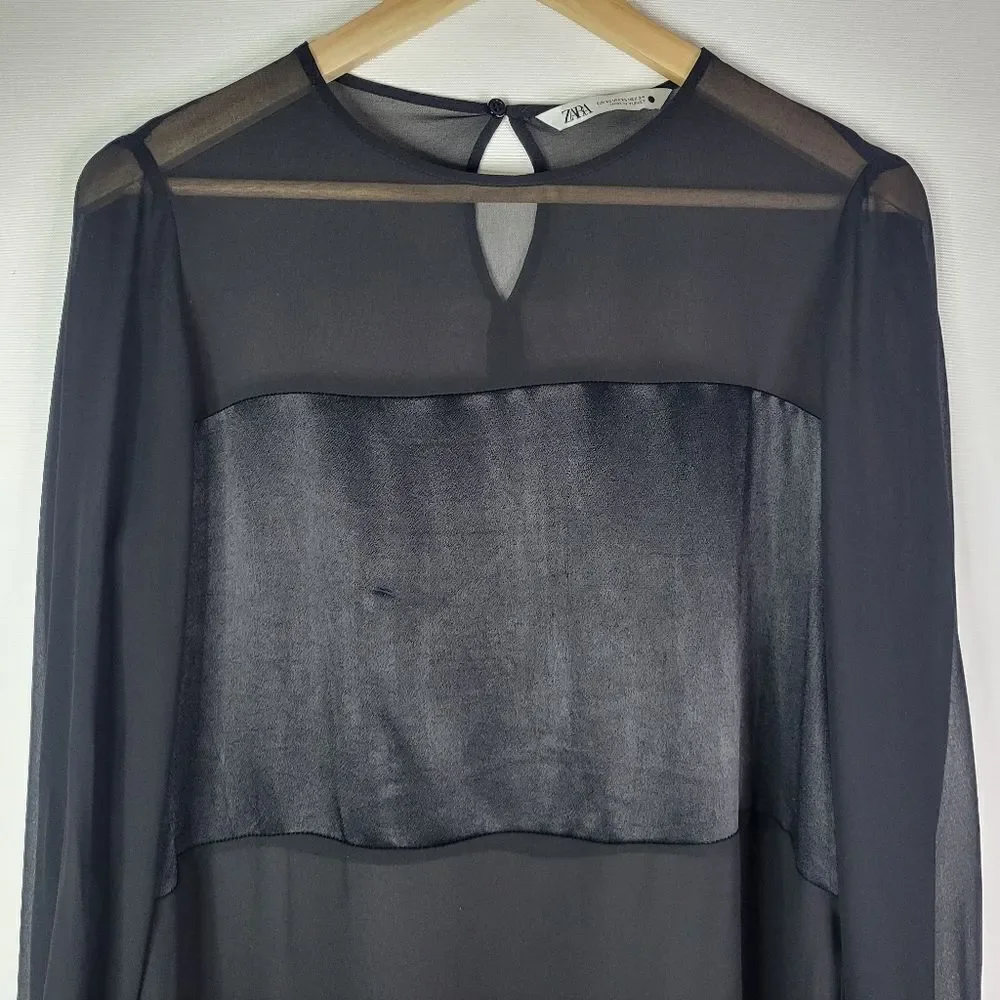 Zara Satin Bust Panel And Trim Sheer Black Chiffon Long Sleeve Blouse - Picture 3 of 12